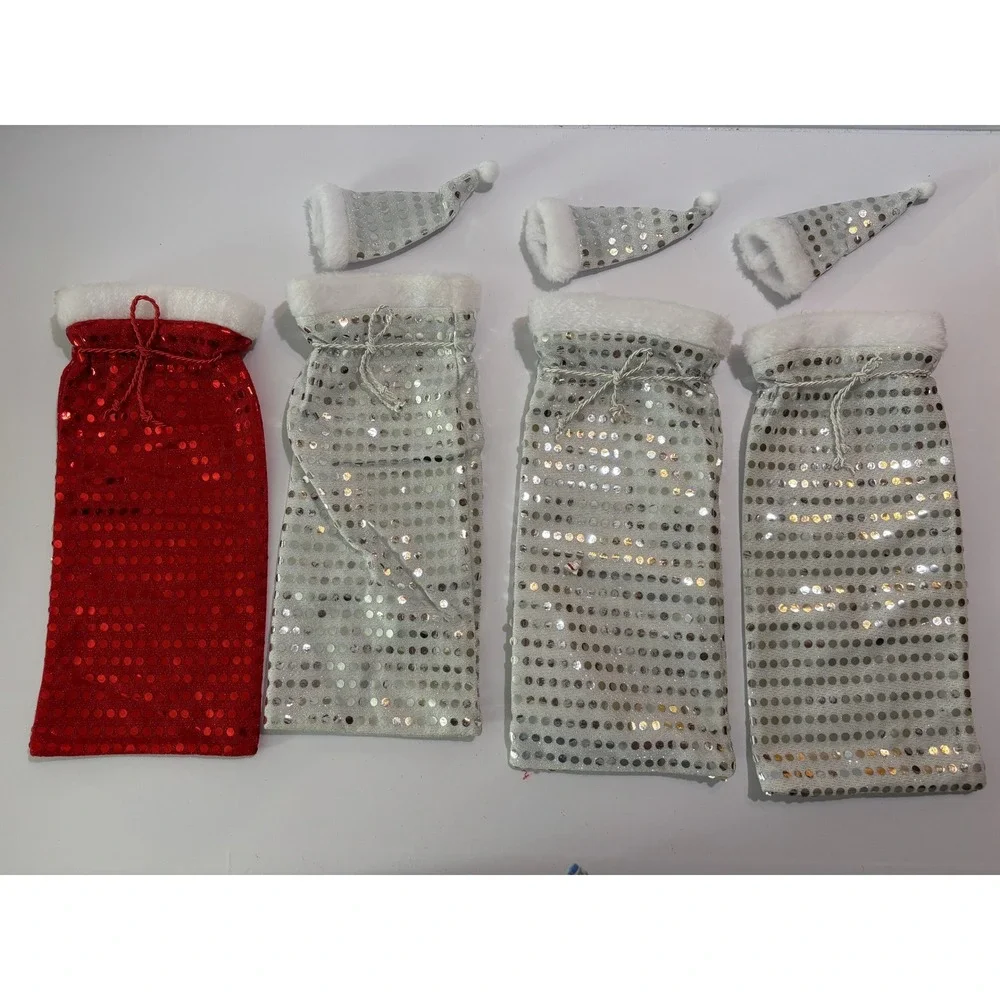 Sequin Holiday Wine Bottle Gift Bags with Mini Santa Hats Red Silver 4 Pack Set